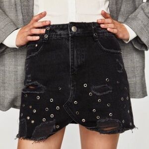 Zara Black Distressed Embellished Denim Mini Skirt